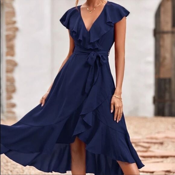 New Navy Blue V Neck Cap Sleeve Ruffle Hem Belted Wrap Midi Dress - Picture 2 of 7